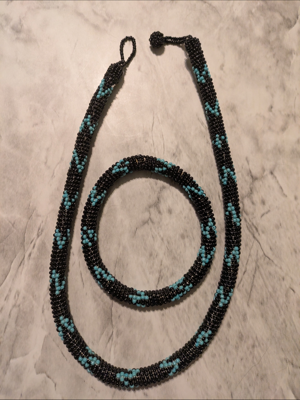 Handmade Black and Turquoise Beaded Necklace and Bracelet Set